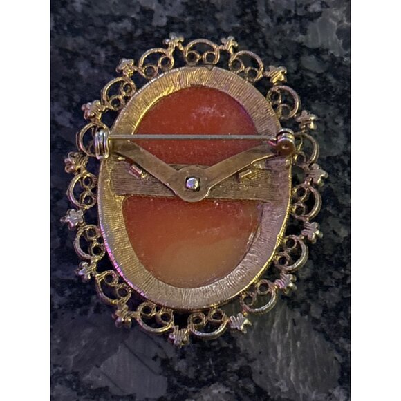 Vintage Cameo Brooch Rhinestone Victorian Style Lady Profile Gold-Tone Filigree - Picture 6 of 9